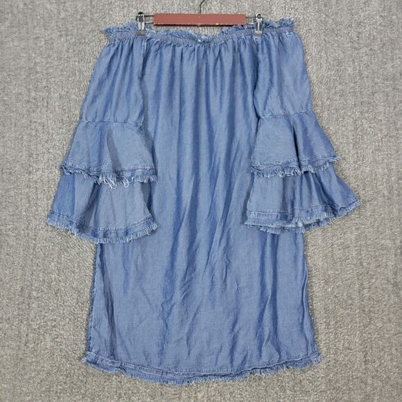 Colleen Lopez Dress Womens M Blue Chambray Off The Shoulder Bell Sleeve Boho - Picture 1 of 9